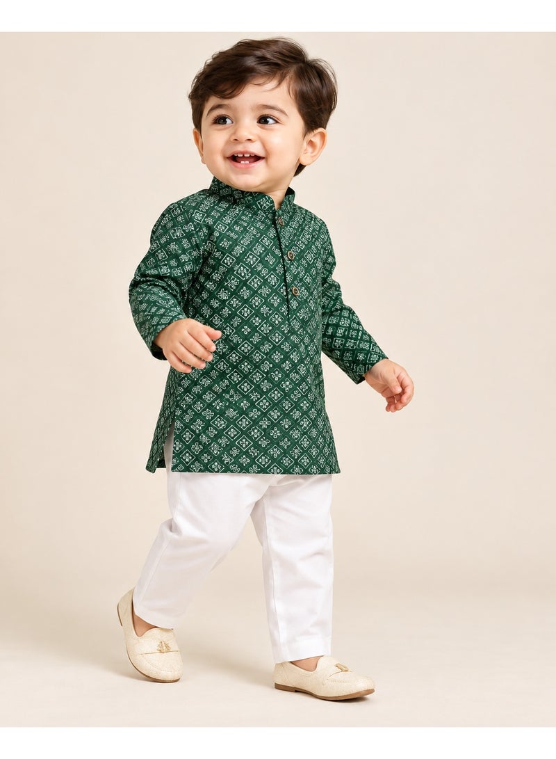 Lucky Kids Boys Bottle Green Geometric Printed Mandarin Collar Kurta with White Straight Pants – 2 Piece Ethnic Set - Image 1