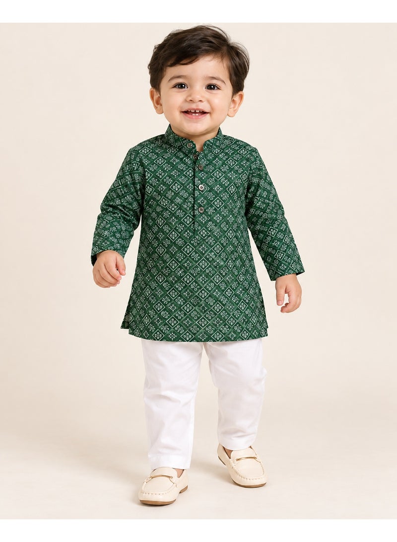 Lucky Kids Boys Bottle Green Geometric Printed Mandarin Collar Kurta with White Straight Pants – 2 Piece Ethnic Set - Image 2