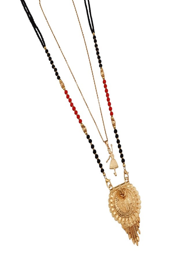 MALKYN Women's Gold Plated Peacock Motif Mangalsutra with Enamel Work and Ballerina Pendant Layered Necklace Set, Traditional Black Beaded Indian Jewelry for Festive Occasions-MD-067 - Image 1