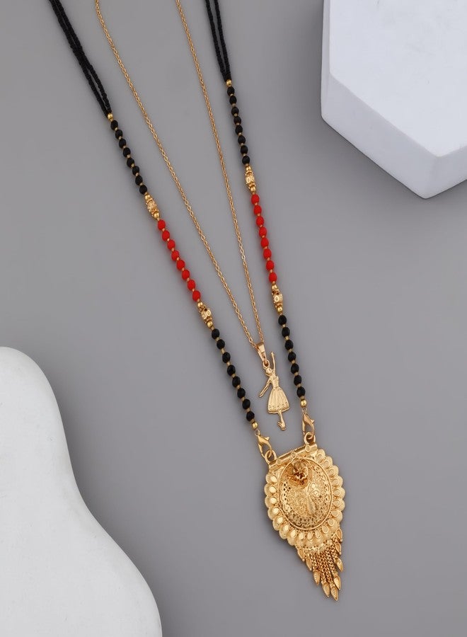 MALKYN Women's Gold Plated Peacock Motif Mangalsutra with Enamel Work and Ballerina Pendant Layered Necklace Set, Traditional Black Beaded Indian Jewelry for Festive Occasions-MD-067 - Image 2