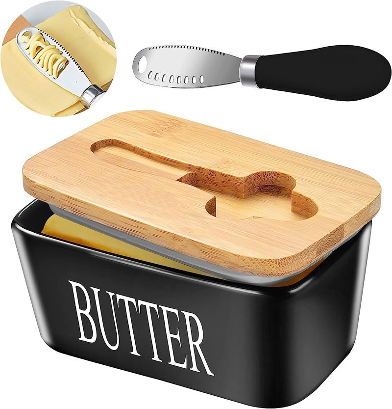 MEETOZ Ceramic Butter Dish with Wooden Lid Airtight Butter Keeper for Counter or Fridge with Stainless Steel Multipurpose Butter Knife Butter Container with Double HighQuality Silicone