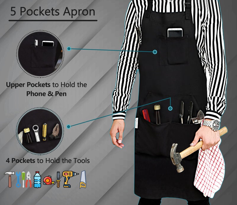 RUVANTI Work Aprons for Men/Women with Pockets - Adjustable up to XXL - Professional Grade Durability - Black Apron for Barber, Chef, BBQ, Kitchen, Cleaning - 1 Pack - Image 2
