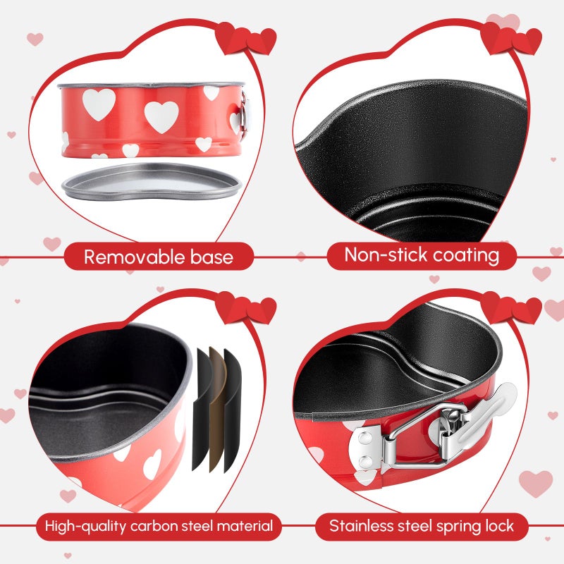 Hoolerry 12 Pcs Mini Heart Springform Pan 4 Inch Heart Shape Mini Cheesecake Pans Non Stick Cake Mold Small Cake Mold with Drop Bottom for Air Fryer Pressure Cooker Baking (Pattern,Red) - Image 3