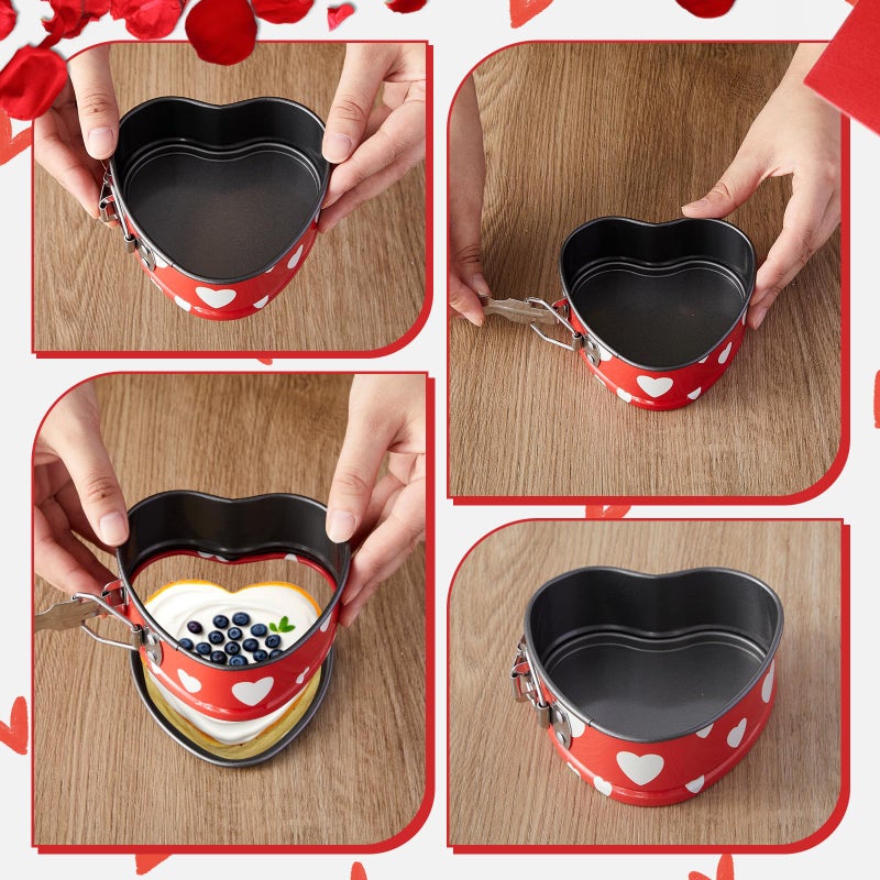 Hoolerry 12 Pcs Mini Heart Springform Pan 4 Inch Heart Shape Mini Cheesecake Pans Non Stick Cake Mold Small Cake Mold with Drop Bottom for Air Fryer Pressure Cooker Baking (Pattern,Red) - Image 5