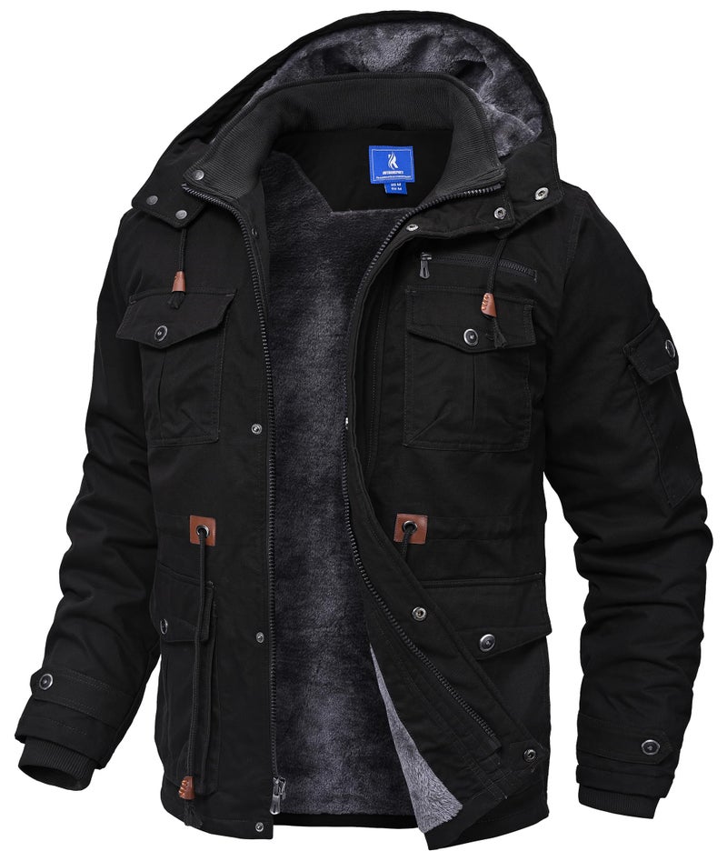 Zoofly Mens Ski Coats Cotton Sherpa Lined Work Military Jackets Warm Cargo Coats Insulated Hoodies for Men Black 3XL - Image 1