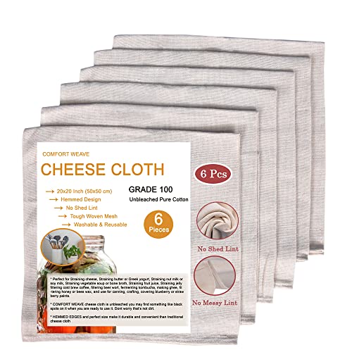 COMFORT WEAVE Cheese Cloths, Grade 100, 20X20 Inch Hemmed Cheesecloth, 100% Unbleached Muslin Cloth - 6 PCS - Image 1