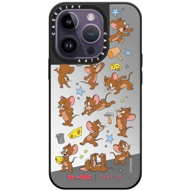 Casetify Mirror Case for iPhone 14 Pro 【Tom and Jerry Colab/Reflective / 4.9ft Drop Protection/Compatible with Magsafe】 - Jerry Pattern - Silver on Black - Image 1