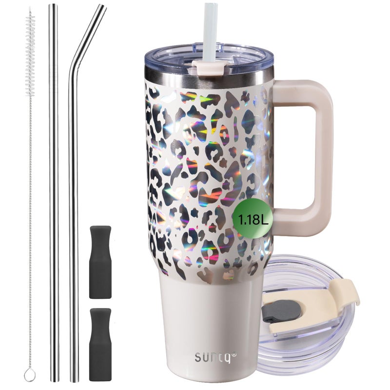 40oz Tumbler with Handle Double Wall Vacuum Insulated Water Bottle with Straw and Lid Stainless Steel Travel Coffee Mug Reusable Thermal Cup for Beverages Fit in Cup HolderIvoryLeopard