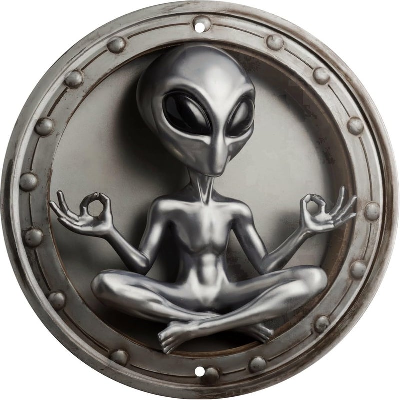CSWLJS Alien Yoga Metal Wall Art Round Vintage Extraterrestrial Meditation Decorative Sign Home Decoration Unique Sci-Fi Theme Decor Room Decor 8X8 In - Image 1