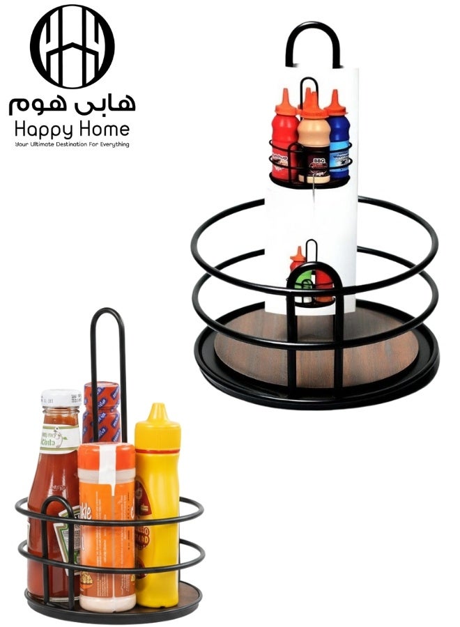 هابي هوم حامل صوصات وبهارات معدني دائري مع قاعدة خشبية ومقبض للحمل – منظم طاولة للمطاعم والمطابخ، مناسب لعبوات الكاتشب والمايونيز والخردل وBBQ، تصميم عملي وأنيق يمنع الانزلاق ويوفر مساحة، مثالي للاستخدام في المنزل، المطاعم، الكافيهات، والرحلات - Image 1