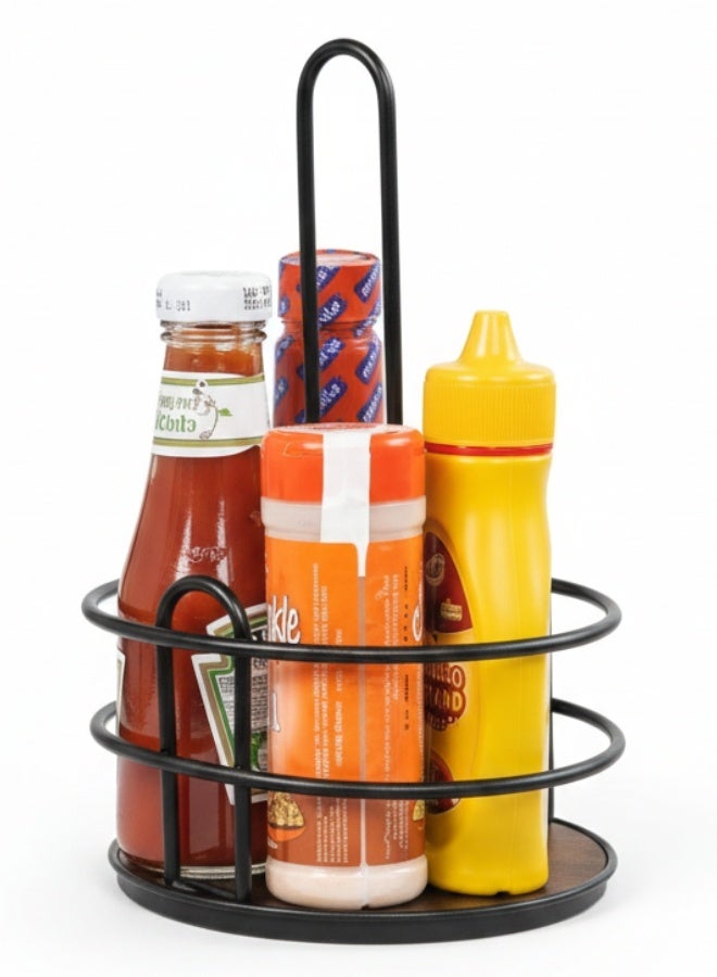 هابي هوم حامل صوصات وبهارات معدني دائري مع قاعدة خشبية ومقبض للحمل – منظم طاولة للمطاعم والمطابخ، مناسب لعبوات الكاتشب والمايونيز والخردل وBBQ، تصميم عملي وأنيق يمنع الانزلاق ويوفر مساحة، مثالي للاستخدام في المنزل، المطاعم، الكافيهات، والرحلات - Image 2