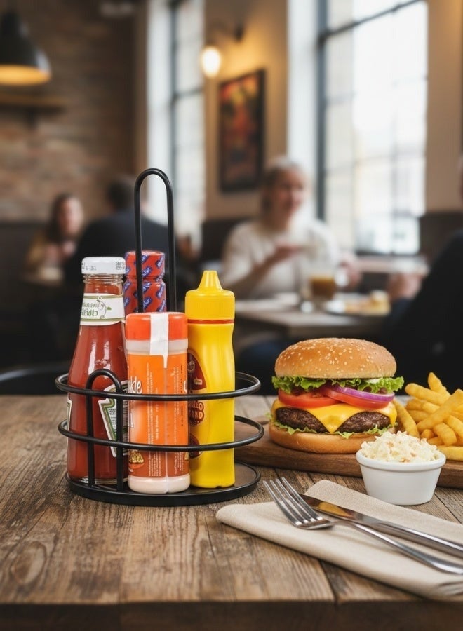 هابي هوم حامل صوصات وبهارات معدني دائري مع قاعدة خشبية ومقبض للحمل – منظم طاولة للمطاعم والمطابخ، مناسب لعبوات الكاتشب والمايونيز والخردل وBBQ، تصميم عملي وأنيق يمنع الانزلاق ويوفر مساحة، مثالي للاستخدام في المنزل، المطاعم، الكافيهات، والرحلات - Image 3