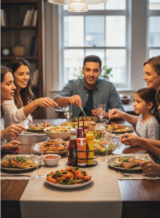 هابي هوم حامل صوصات وبهارات معدني دائري مع قاعدة خشبية ومقبض للحمل – منظم طاولة للمطاعم والمطابخ، مناسب لعبوات الكاتشب والمايونيز والخردل وBBQ، تصميم عملي وأنيق يمنع الانزلاق ويوفر مساحة، مثالي للاستخدام في المنزل، المطاعم، الكافيهات، والرحلات - Image 4