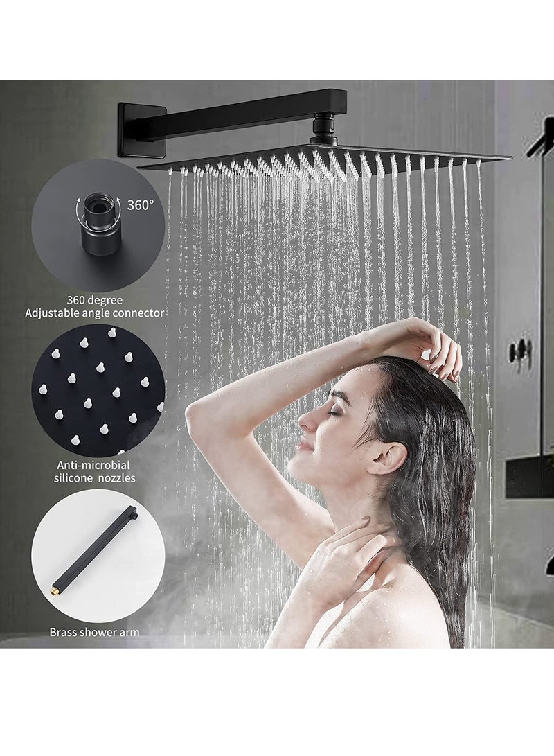 Arabest نظام دش أسود غير لامع مقاس 12 بوصة مع رأس دش مطري عالي الضغط، رأس دش محمول باليد، مجموعة دش خلاط حمام، صنبور دش مثبت على الحائط، صمام خشن ومجموعة تقليم - Image 4