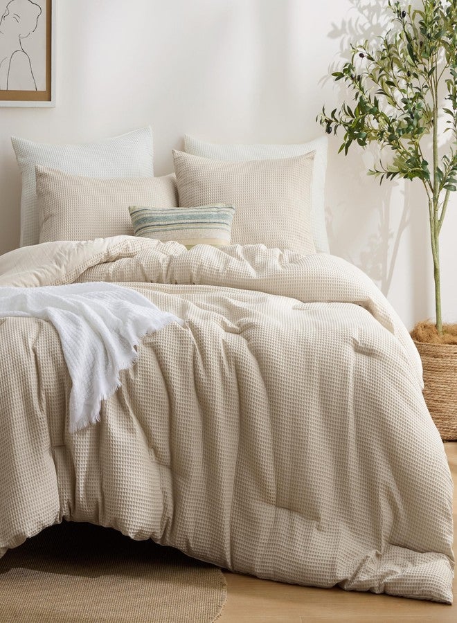 Bedsure Waffle Comforter Set Queen Size,Beige Breathable Bedding Set,All Season Comforter with 3 Pieces,1 Waffle Weave Comforter (90"x90") and 2 Pillowcases (20"x26") - Image 1