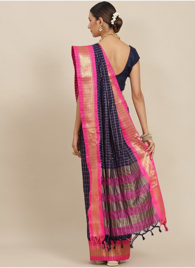 ISHIN - Navy Blue & Pink Checked Zari Silk Cotton Saree - Image 1