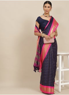 Navy Blue & Pink Checked Zari Silk Cotton Saree