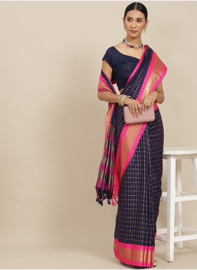 ISHIN - Navy Blue & Pink Checked Zari Silk Cotton Saree - Image 1