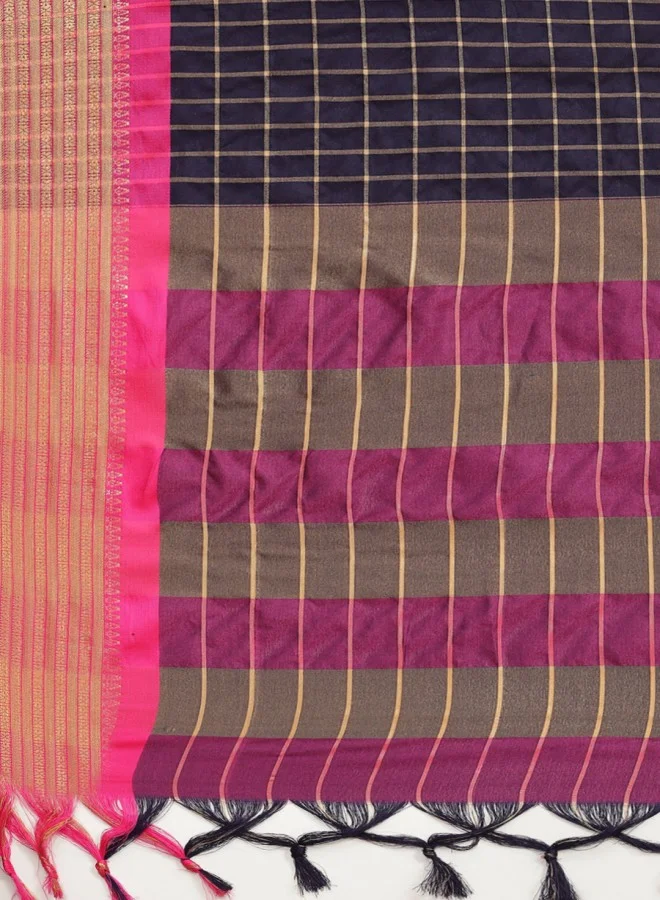ISHIN Navy Blue & Pink Checked Zari Silk Cotton Saree