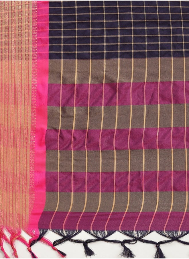 ISHIN - Navy Blue & Pink Checked Zari Silk Cotton Saree - Image 1