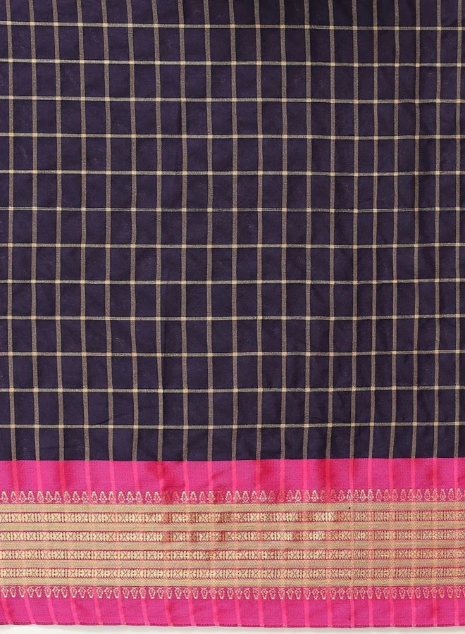 ISHIN Navy Blue & Pink Checked Zari Silk Cotton Saree