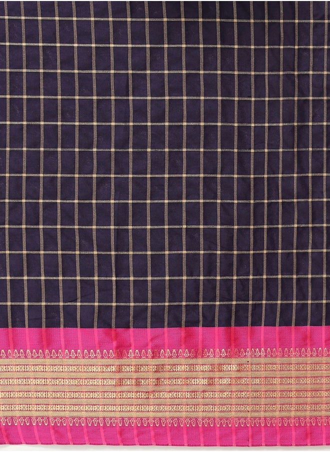 ISHIN - Navy Blue & Pink Checked Zari Silk Cotton Saree - Image 1