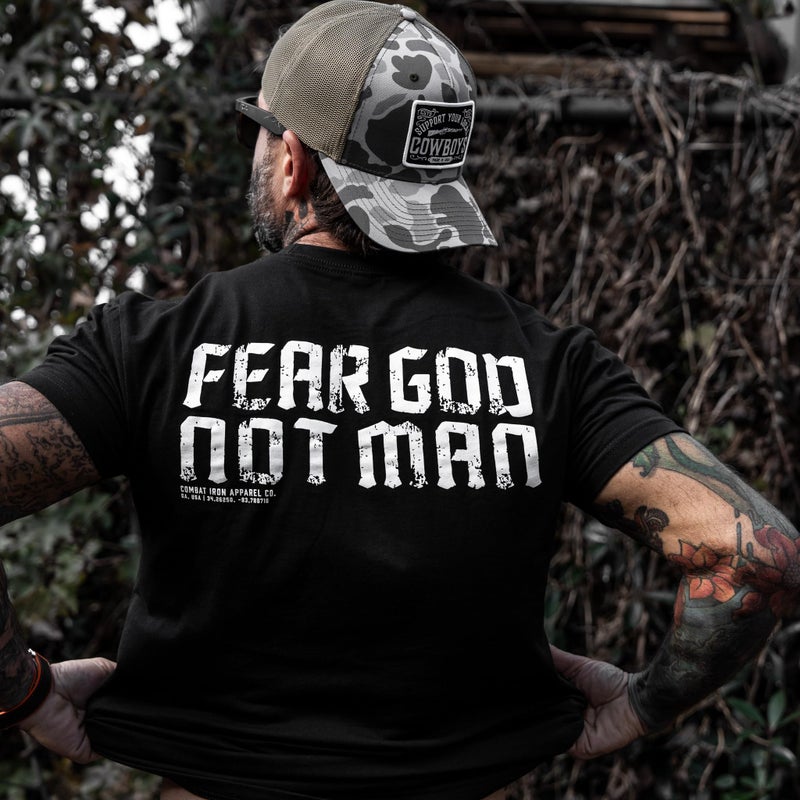 Combat Iron Men's Graphic Tees | Fear God Not Man | Menâ€™s Graphic T-Shirts | Black, Large - Image 2