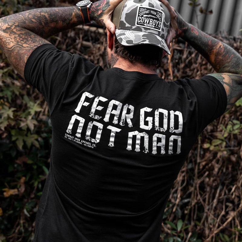 Combat Iron Men's Graphic Tees | Fear God Not Man | Menâ€™s Graphic T-Shirts | Black, Large - Image 3