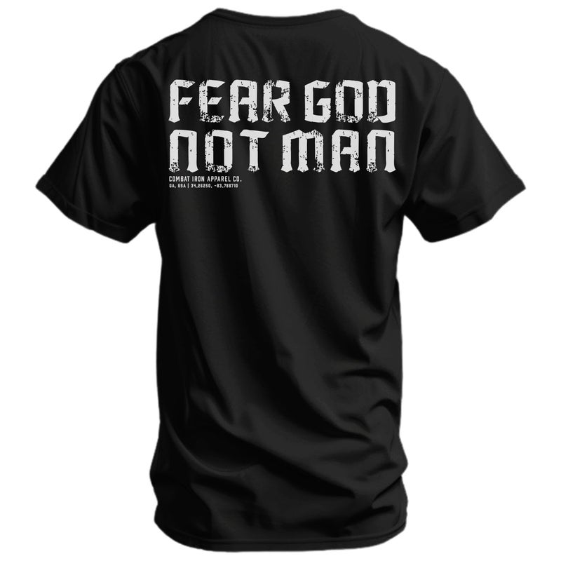 Combat Iron Men's Graphic Tees | Fear God Not Man | Menâ€™s Graphic T-Shirts | Black, Large - Image 1