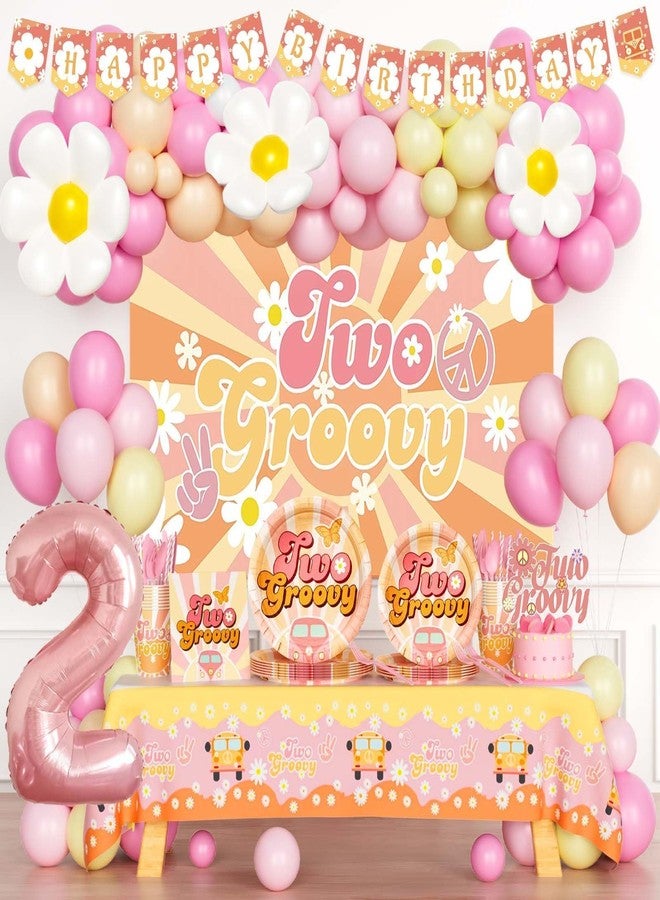 Fiesec Two Groovy Decorations Girl, 2nd Birthday Decorations for Girl, Boho Hippie Daisy Second Birthday Backdrop Balloon Banner Tablecloth Plate Napkin Straw Fork - Image 1
