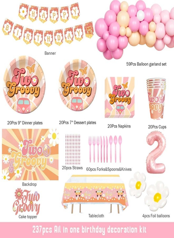 Fiesec Two Groovy Decorations Girl, 2nd Birthday Decorations for Girl, Boho Hippie Daisy Second Birthday Backdrop Balloon Banner Tablecloth Plate Napkin Straw Fork - Image 2