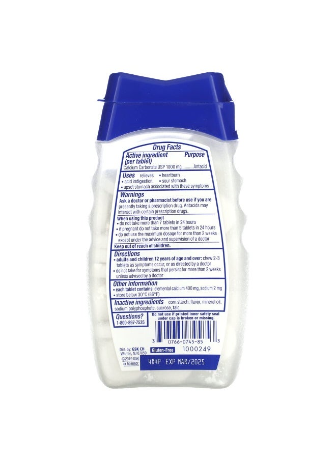 TUMS Tums, Ultra Strength Antacid, Peppermint, 1,000 mg, 72 Chewable Tablets  - Image 2