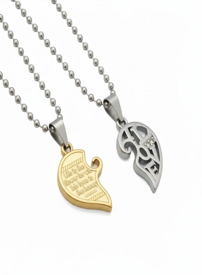 The Men Gift Matching Couple Heart-Shaped Broken Magnet Necklaces, Dual Pendants Engraved “LOVE” and “YOU” BLSCup202524 - Image 1