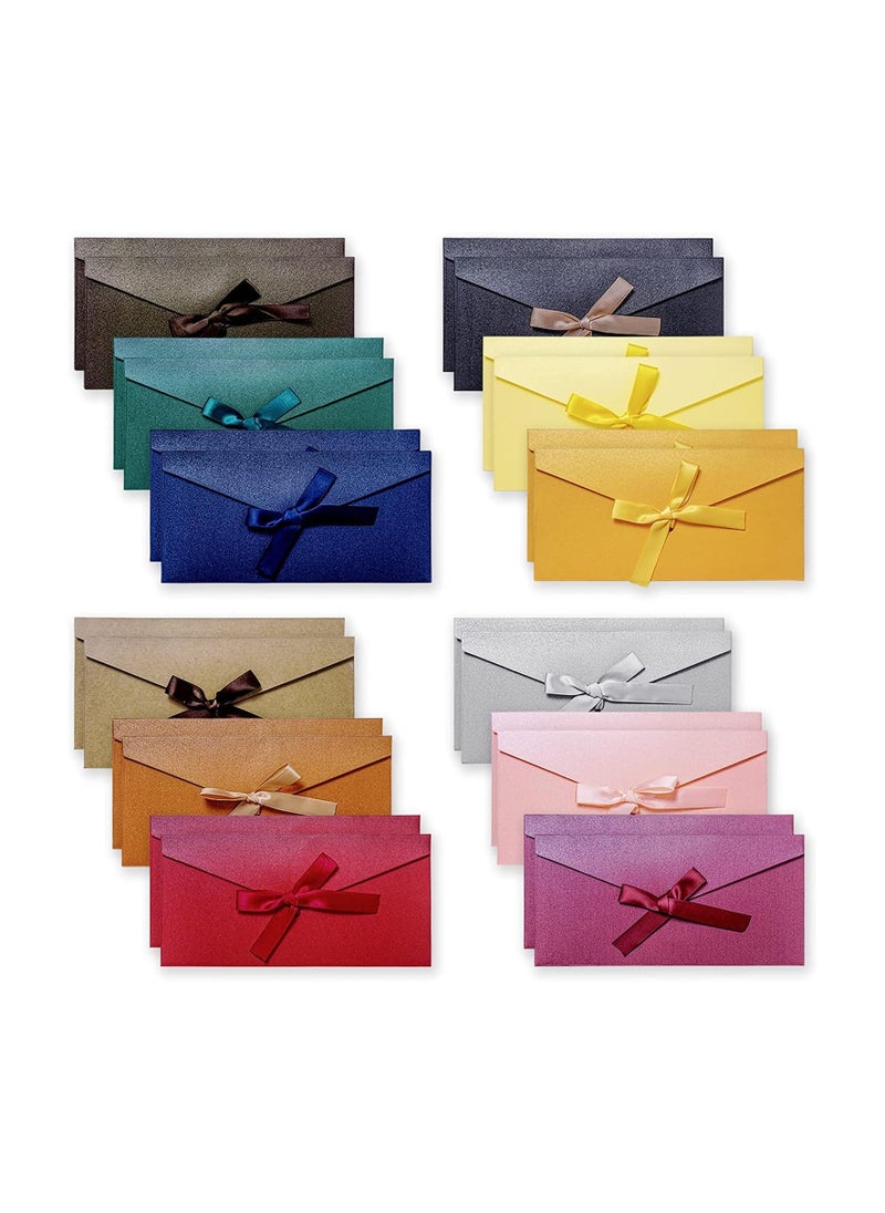General Colourful Envelopes, 24Pcs Vintage Kraft Pearlescent Paper Envelopes with Colourful Bow Tie Ribbons for Handmade Invitations, Wedding or Holiday Cards, Thickened Large (12 Colours)  - Image 1