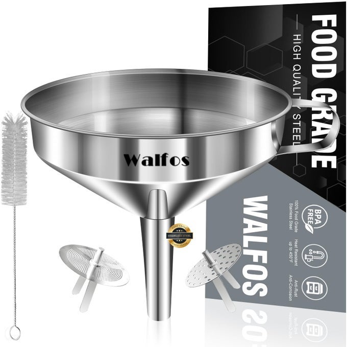 LARGE STAINLESS STEEL FUNNEL KITCHEN FUNNEL WITH 2 REMOVABLE STRAINER 1PC CLEANING BRUSH PERFECT FOR TRANSFERRING OF LIQUID OILS JAM DRY INGREDIENTS POWDER BIG 57