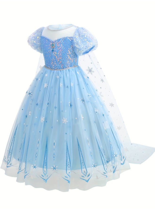فستان أميرة أزرق للبنات طقم 10 قطع عمر 4‑7 سنوات تول نمط إلسا مع عباءة وتاج وعصا وقفاز وشعر مضفر ومجوهرات هدية عيد ميلاد