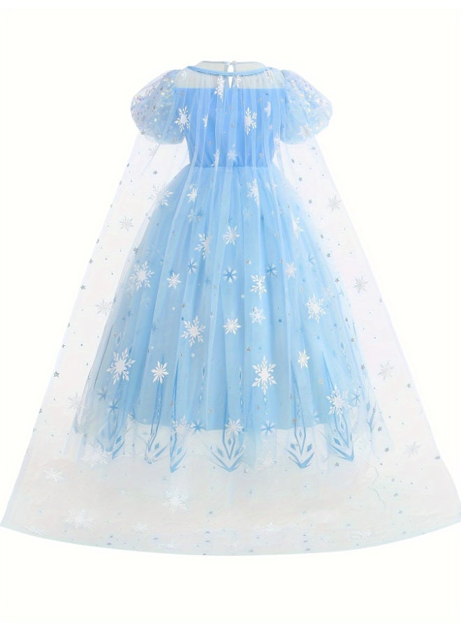 فستان أميرة أزرق للبنات طقم 10 قطع عمر 4‑7 سنوات تول نمط إلسا مع عباءة وتاج وعصا وقفاز وشعر مضفر ومجوهرات هدية عيد ميلاد