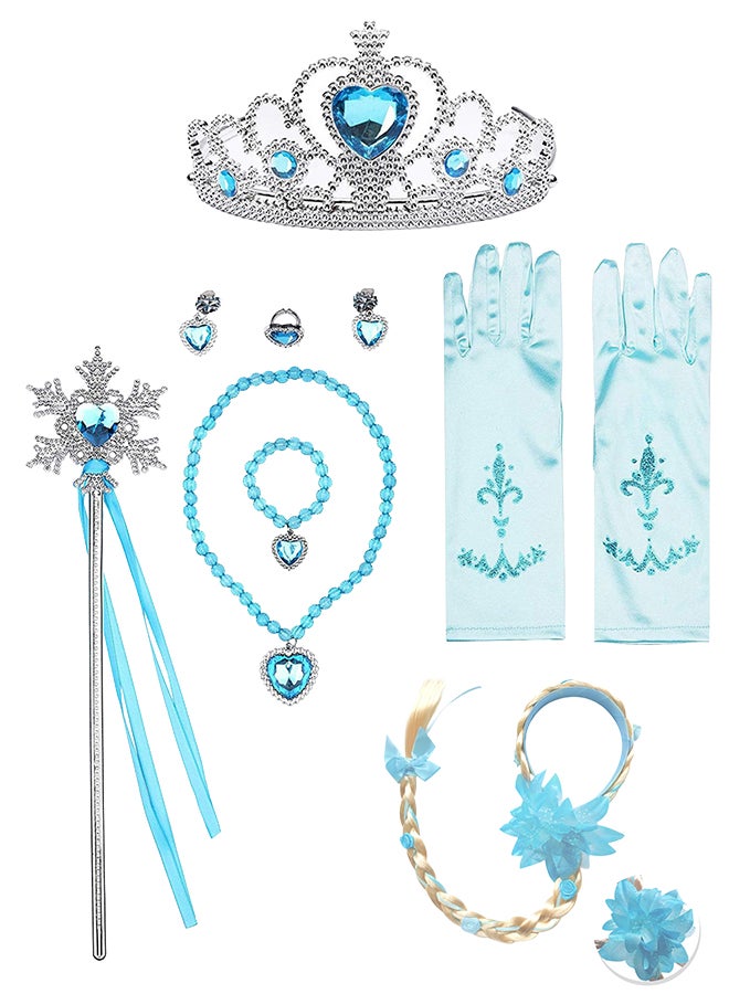 فستان أميرة أزرق للبنات طقم 10 قطع عمر 4‑7 سنوات تول نمط إلسا مع عباءة وتاج وعصا وقفاز وشعر مضفر ومجوهرات هدية عيد ميلاد