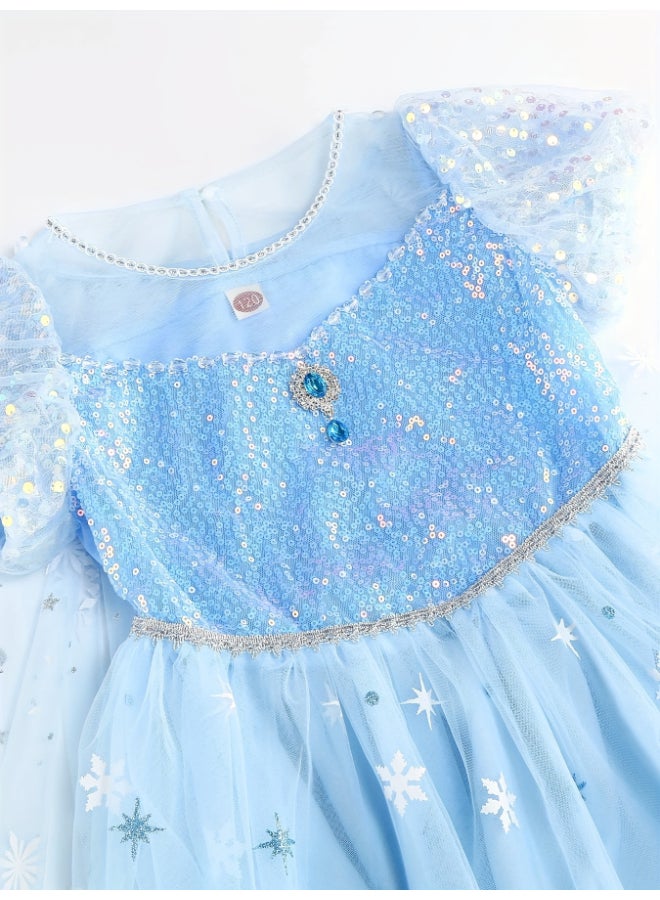 فستان أميرة أزرق للبنات طقم 10 قطع عمر 4‑7 سنوات تول نمط إلسا مع عباءة وتاج وعصا وقفاز وشعر مضفر ومجوهرات هدية عيد ميلاد