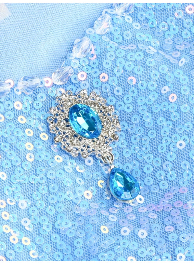 فستان أميرة أزرق للبنات طقم 10 قطع عمر 4‑7 سنوات تول نمط إلسا مع عباءة وتاج وعصا وقفاز وشعر مضفر ومجوهرات هدية عيد ميلاد