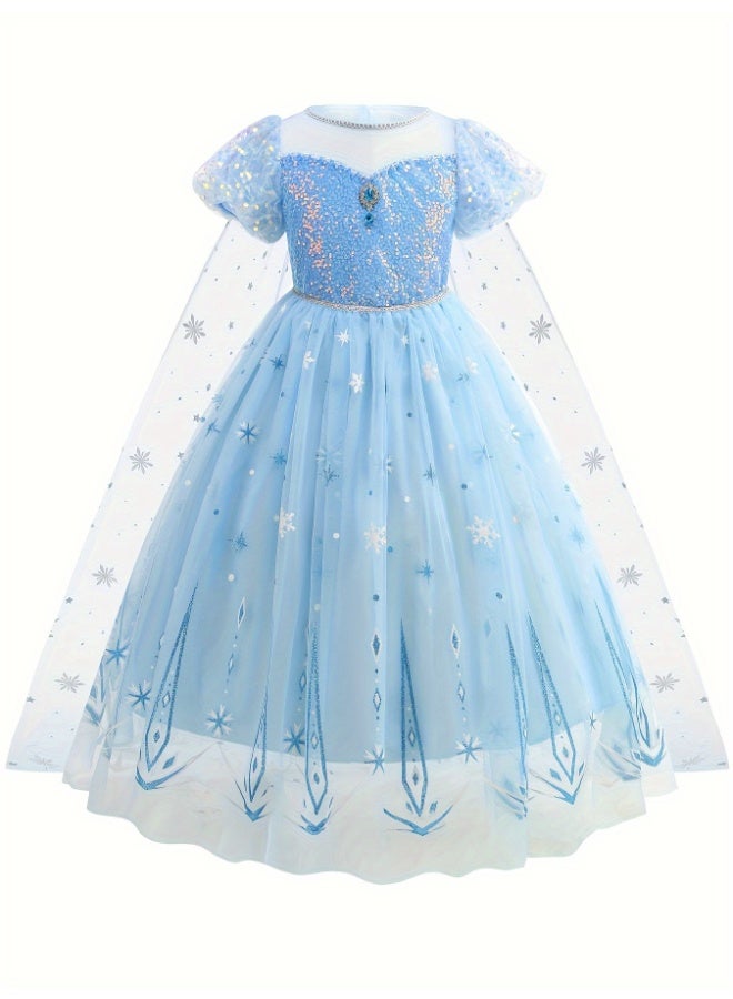 فستان أميرة أزرق للبنات طقم 10 قطع عمر 4‑7 سنوات تول نمط إلسا مع عباءة وتاج وعصا وقفاز وشعر مضفر ومجوهرات هدية عيد ميلاد