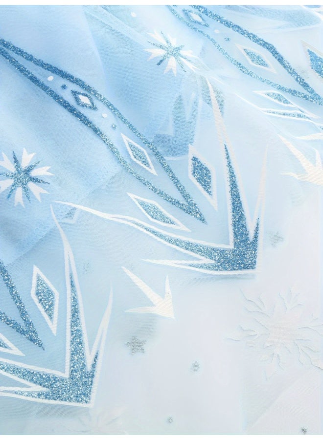 فستان أميرة أزرق للبنات طقم 10 قطع عمر 4‑7 سنوات تول نمط إلسا مع عباءة وتاج وعصا وقفاز وشعر مضفر ومجوهرات هدية عيد ميلاد