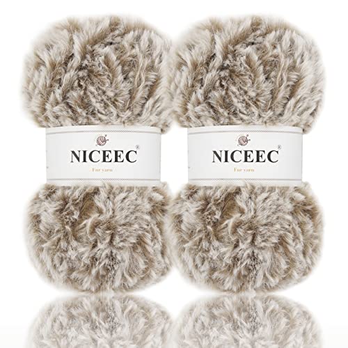 NICEEC 2 Skeins Faux Fur Yarn Super Soft Chunky  Fluffy Eyelash Yarn for Crochet  Knitting Total Length 70yds353oz  Light Brown