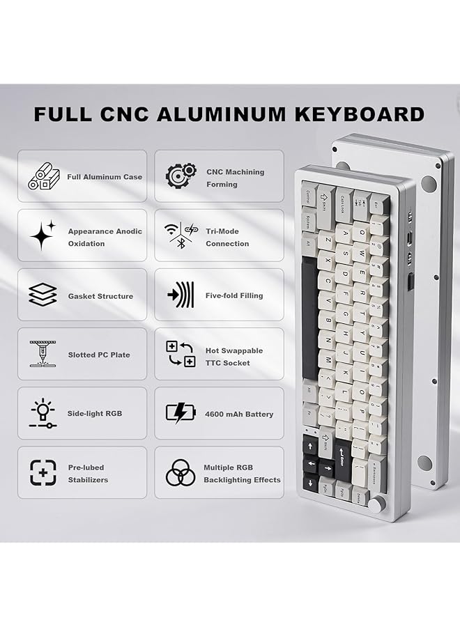 YUNZII Al66 Wireless Mechanical Keyboard 65% Knob Control Aluminum Gaming Keyboard Bluetooth/2.4G/Wired Hot Swappable Pre Lubed Switches Gasket Mounted Rgb Keyboard For Win/Mac（Milk Switch Silver)  - Image 2