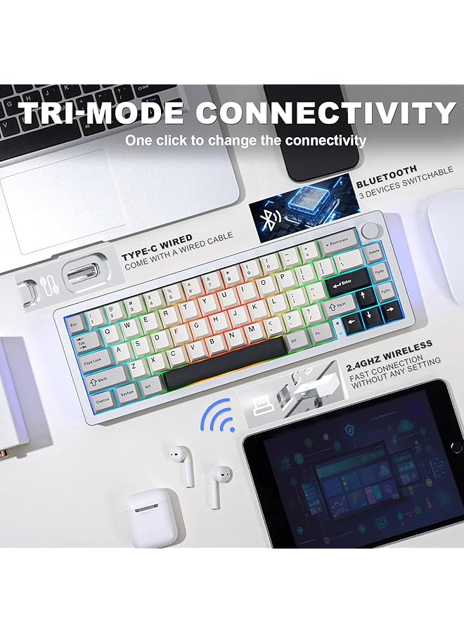 YUNZII Al66 Wireless Mechanical Keyboard 65% Knob Control Aluminum Gaming Keyboard Bluetooth/2.4G/Wired Hot Swappable Pre Lubed Switches Gasket Mounted Rgb Keyboard For Win/Mac（Milk Switch Silver)  - Image 3