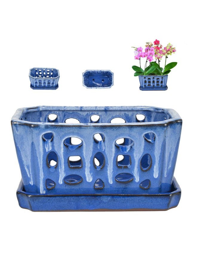 w w Orchid Pot with Holes, Garden Pot for Orchid, Plant and Flower Pots Indoor Outdoor,9 Inches (White and Blue) - Image 1