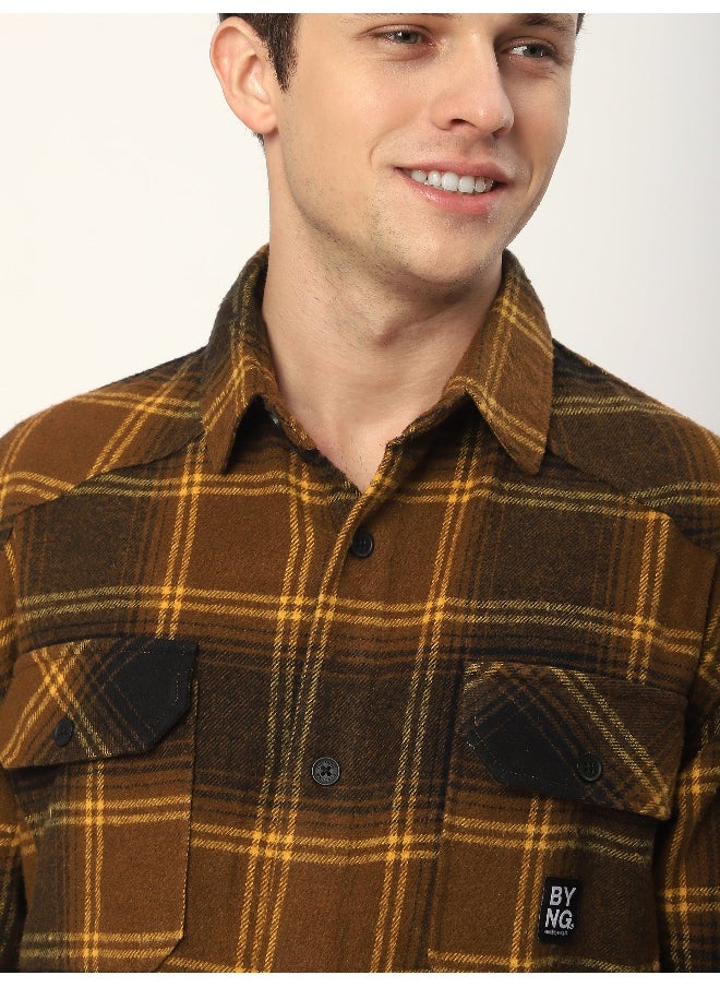 Beyoung Peanut Brown Recycled Check Flannel Shirt  - Image 4