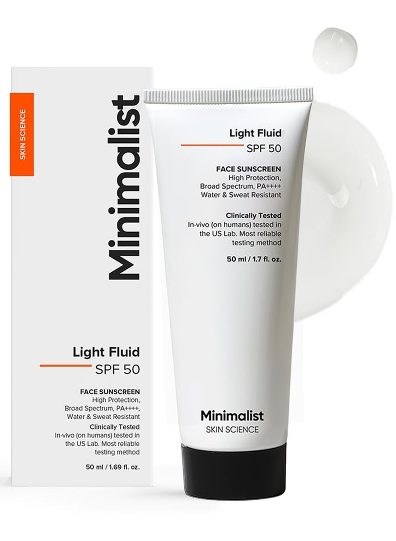 منيماليست واقي شمسي سائل خفيف سائل SPF 50 PA++++ | تم اختباره سريريًا في الولايات المتحدة | لا توجد صبغة بيضاء | طيف واسع النطاق | واقي شمسي خفيف الوزن ومقاوم للماء والعرق للبشرة الدهنية | للنساء والرجال | 50 مل - Image 1