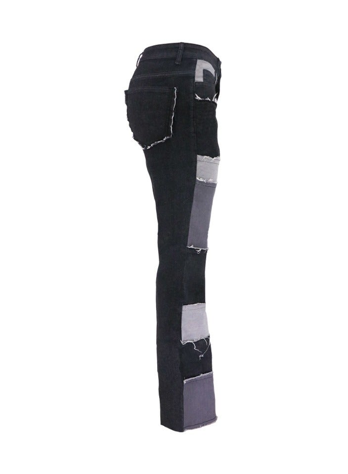 Loquat Stylish Contrast Patchwork High-rise Tight Hip Flared Women's Denim Trousers - Image 2