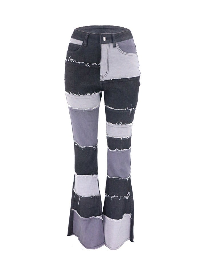 Loquat Stylish Contrast Patchwork High-rise Tight Hip Flared Women's Denim Trousers - Image 1
